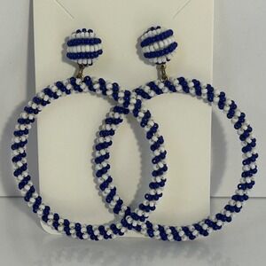 J. Crew Beaded Hoop‎ Earrings Blue White Spiral Design Statement Dangle Earring